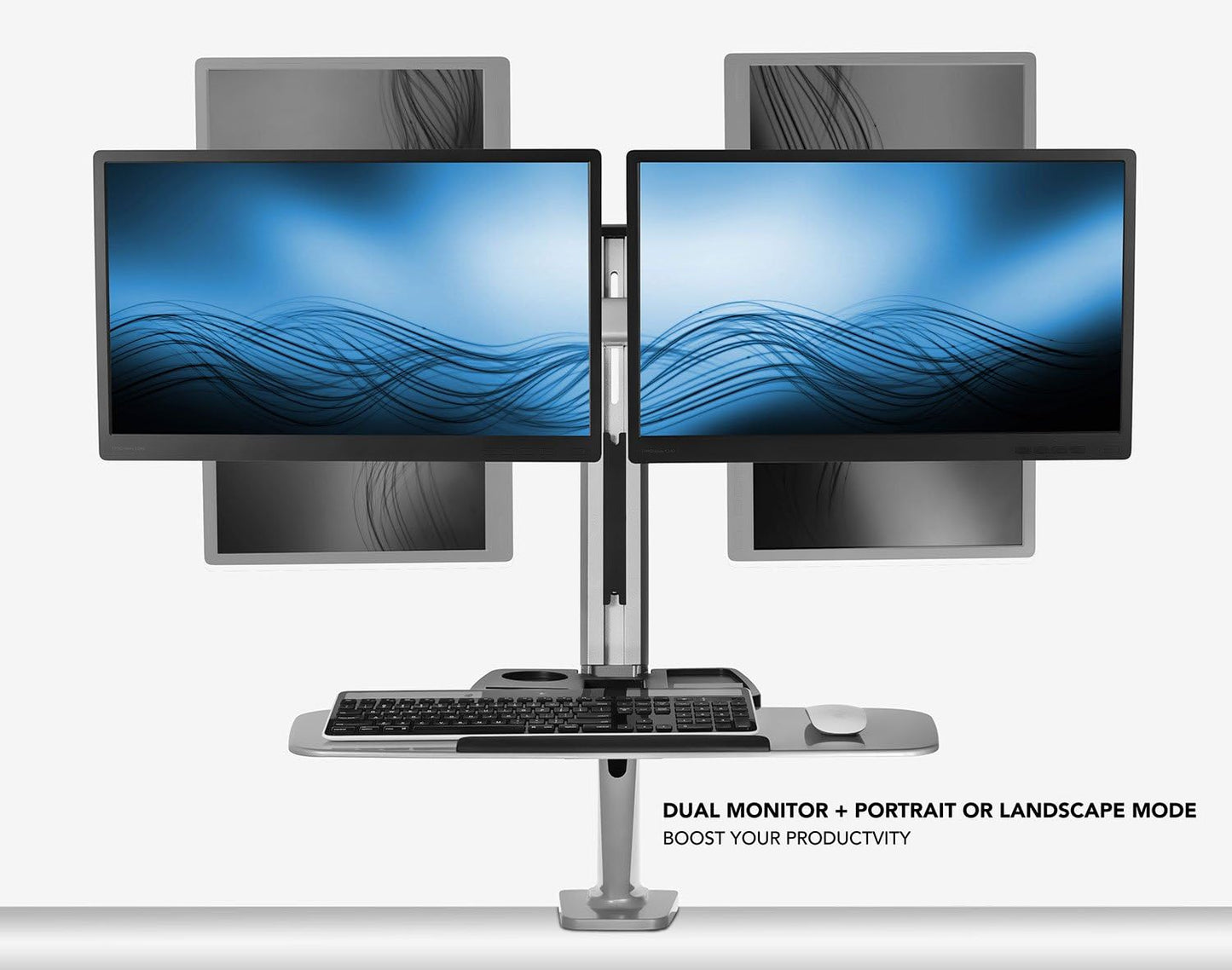 Dual Monitor Arm Desk Mount Sit-Stand Workstation, Standing Desk Converter with Keyboard Tray & Storage, Fits Two 20–27” Screens, 13.2 Lbs Each, VESA 75X75 100X100, Clamp Base