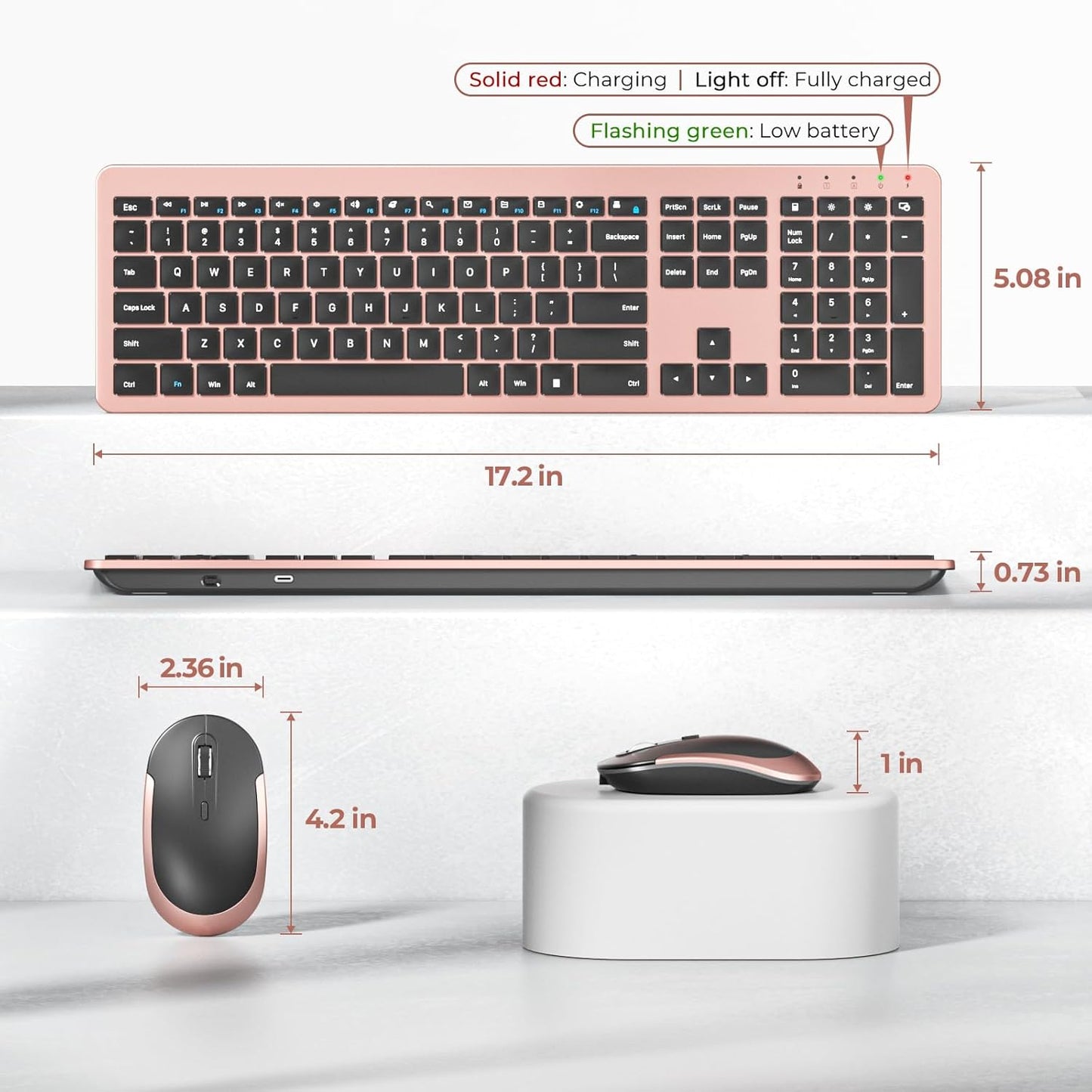 Wireless Keyboard and Mouse Combo, Rechargeable Quiet Keyboard Mouse, Sleek and Ultra Thin Design, Full-Size with Number Pad for Windows, Laptop, PC, Notebook, Desktop (Rose Gold & Black)