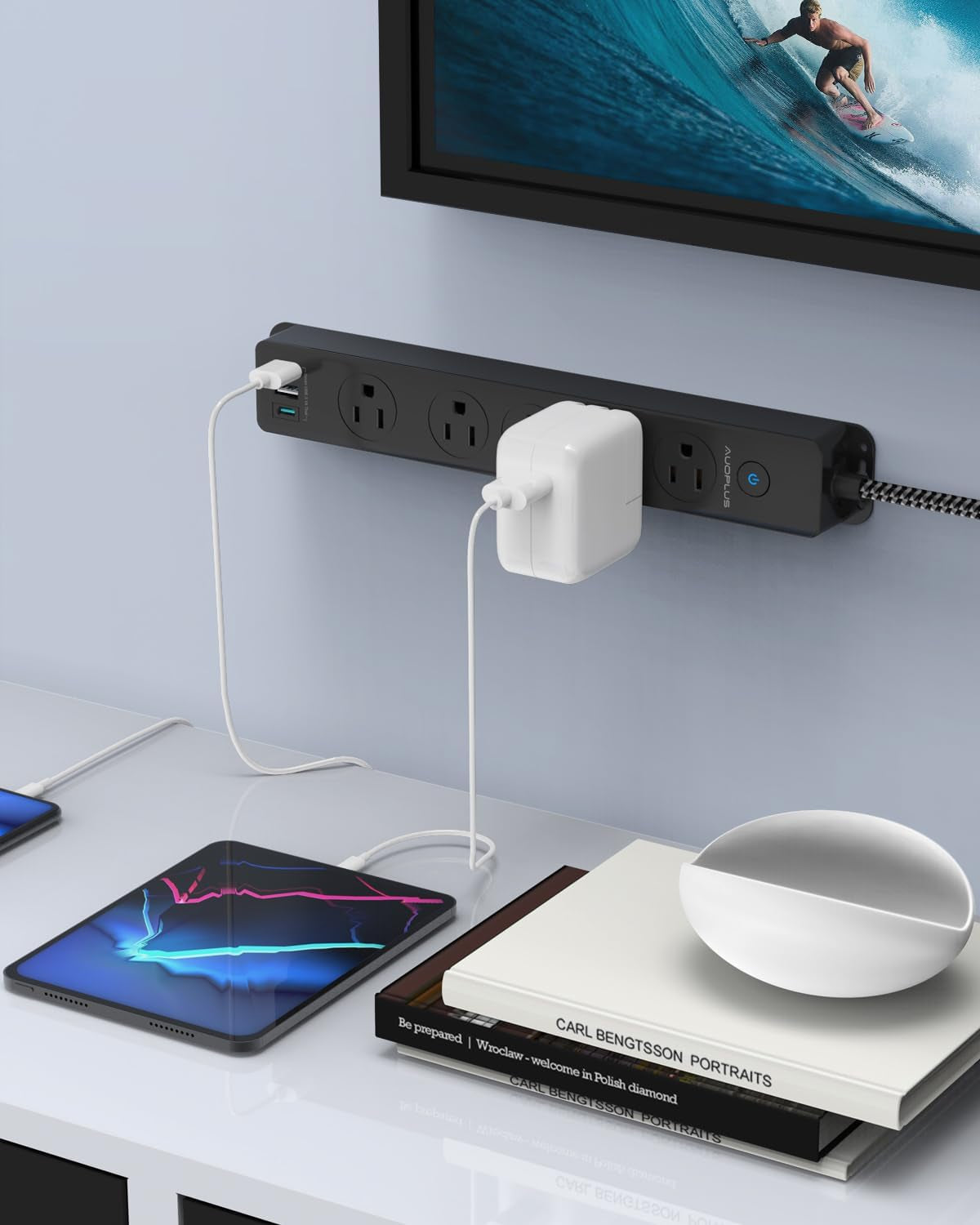 Surge Protector Power Strip with USB C Ports, 5FT Braided Extension Cord, 5 Outlets and 3 USB Ports(1 USB C), Mountable Power Strips Flat Plug with Overload Protection