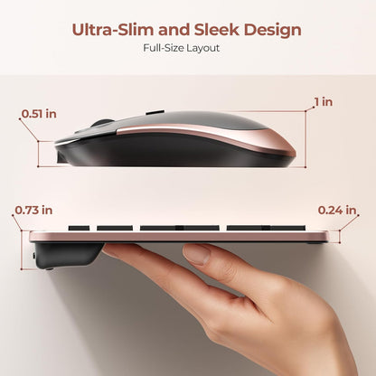 Wireless Keyboard and Mouse Combo, Rechargeable Quiet Keyboard Mouse, Sleek and Ultra Thin Design, Full-Size with Number Pad for Windows, Laptop, PC, Notebook, Desktop (Rose Gold & Black)