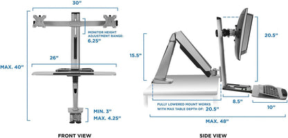 Dual Monitor Arm Desk Mount Sit-Stand Workstation, Standing Desk Converter with Keyboard Tray & Storage, Fits Two 20–27” Screens, 13.2 Lbs Each, VESA 75X75 100X100, Clamp Base