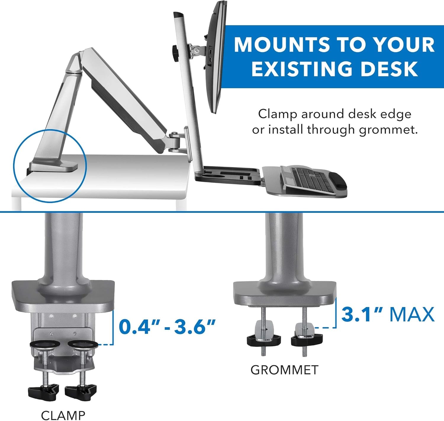 Dual Monitor Arm Desk Mount Sit-Stand Workstation, Standing Desk Converter with Keyboard Tray & Storage, Fits Two 20–27” Screens, 13.2 Lbs Each, VESA 75X75 100X100, Clamp Base
