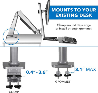 Dual Monitor Arm Desk Mount Sit-Stand Workstation, Standing Desk Converter with Keyboard Tray & Storage, Fits Two 20–27” Screens, 13.2 Lbs Each, VESA 75X75 100X100, Clamp Base