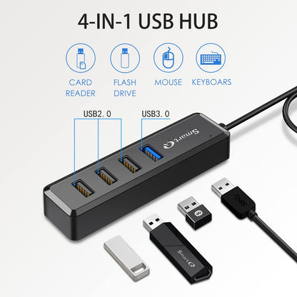 4-Port Hub - 1 USB 3.0 + 3 USB 2.0 Ports for Macbook, Mac Pro, Mac Mini, Imac, Surface Pro, XPS, PC, Flash Drive, Mobile HDD, Laptop Extension Cable