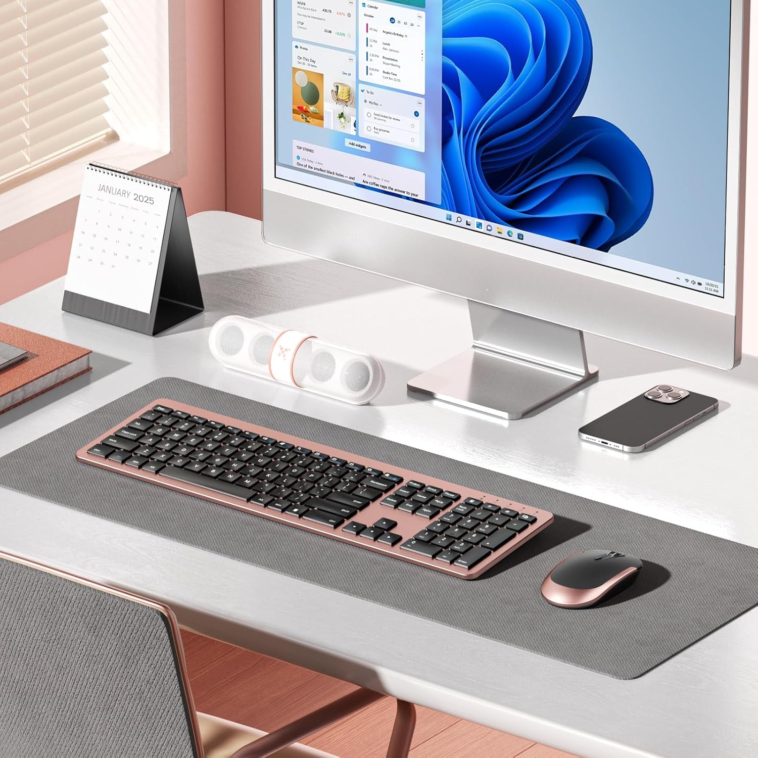Wireless Keyboard and Mouse Combo, Rechargeable Quiet Keyboard Mouse, Sleek and Ultra Thin Design, Full-Size with Number Pad for Windows, Laptop, PC, Notebook, Desktop (Rose Gold & Black)