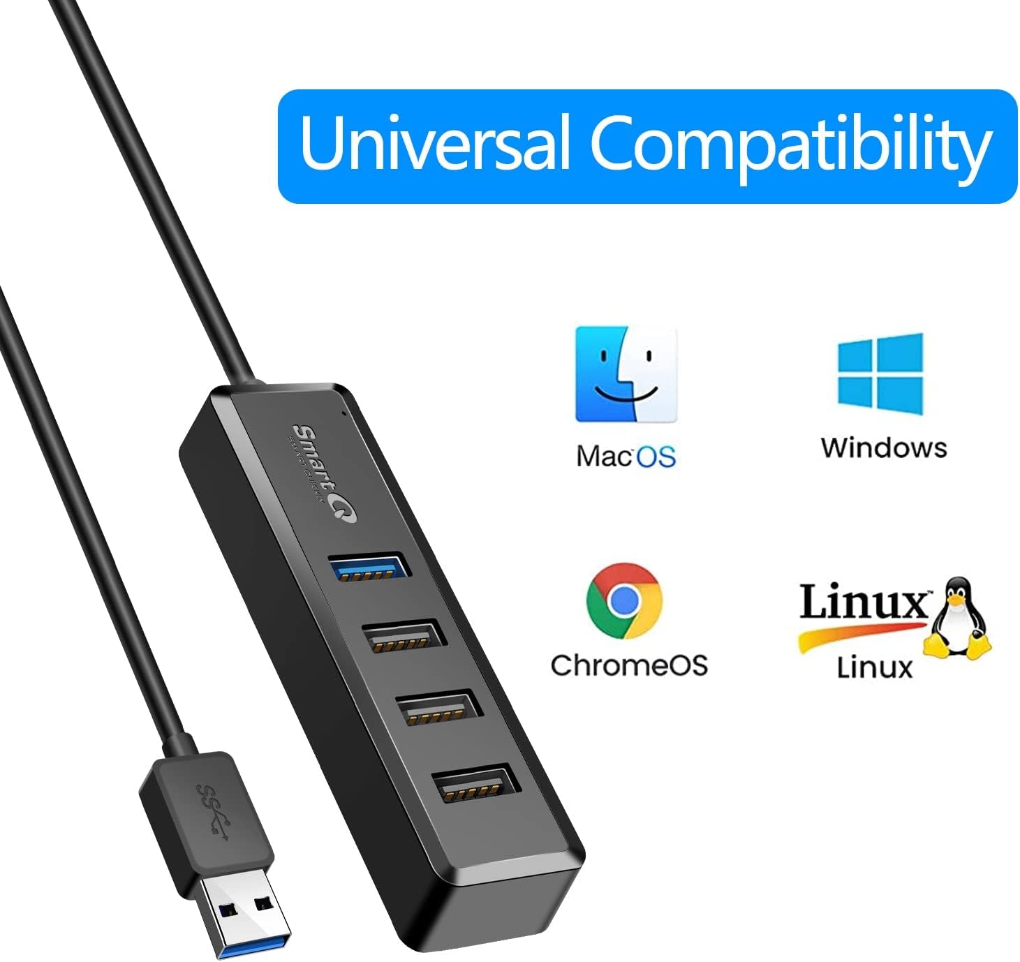 4-Port Hub - 1 USB 3.0 + 3 USB 2.0 Ports for Macbook, Mac Pro, Mac Mini, Imac, Surface Pro, XPS, PC, Flash Drive, Mobile HDD, Laptop Extension Cable