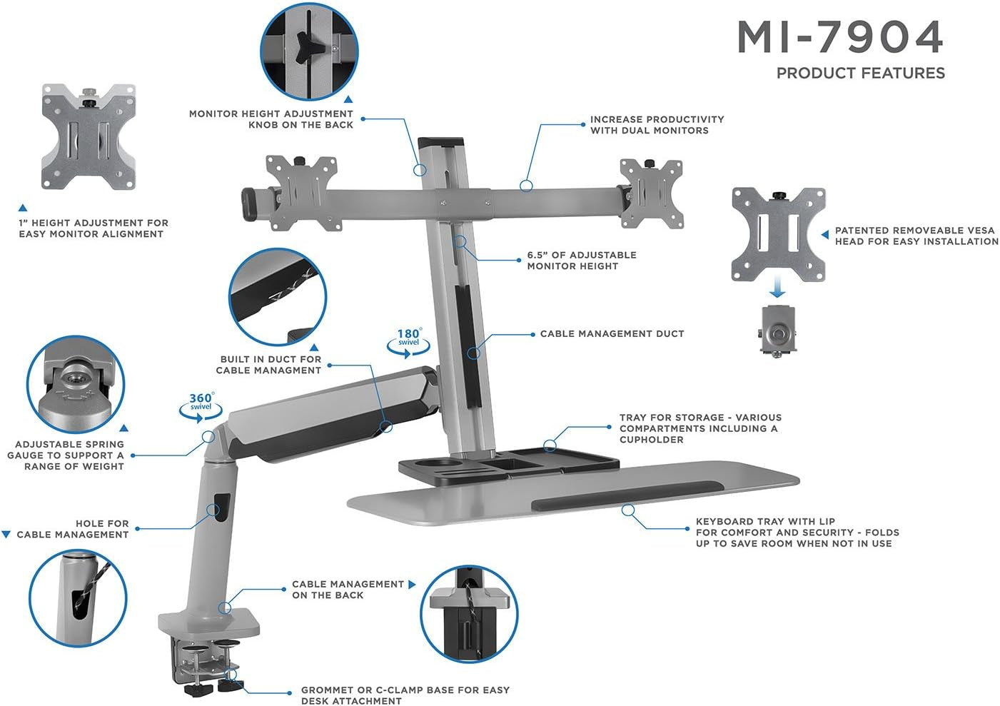 Dual Monitor Arm Desk Mount Sit-Stand Workstation, Standing Desk Converter with Keyboard Tray & Storage, Fits Two 20–27” Screens, 13.2 Lbs Each, VESA 75X75 100X100, Clamp Base