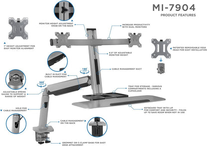 Dual Monitor Arm Desk Mount Sit-Stand Workstation, Standing Desk Converter with Keyboard Tray & Storage, Fits Two 20–27” Screens, 13.2 Lbs Each, VESA 75X75 100X100, Clamp Base