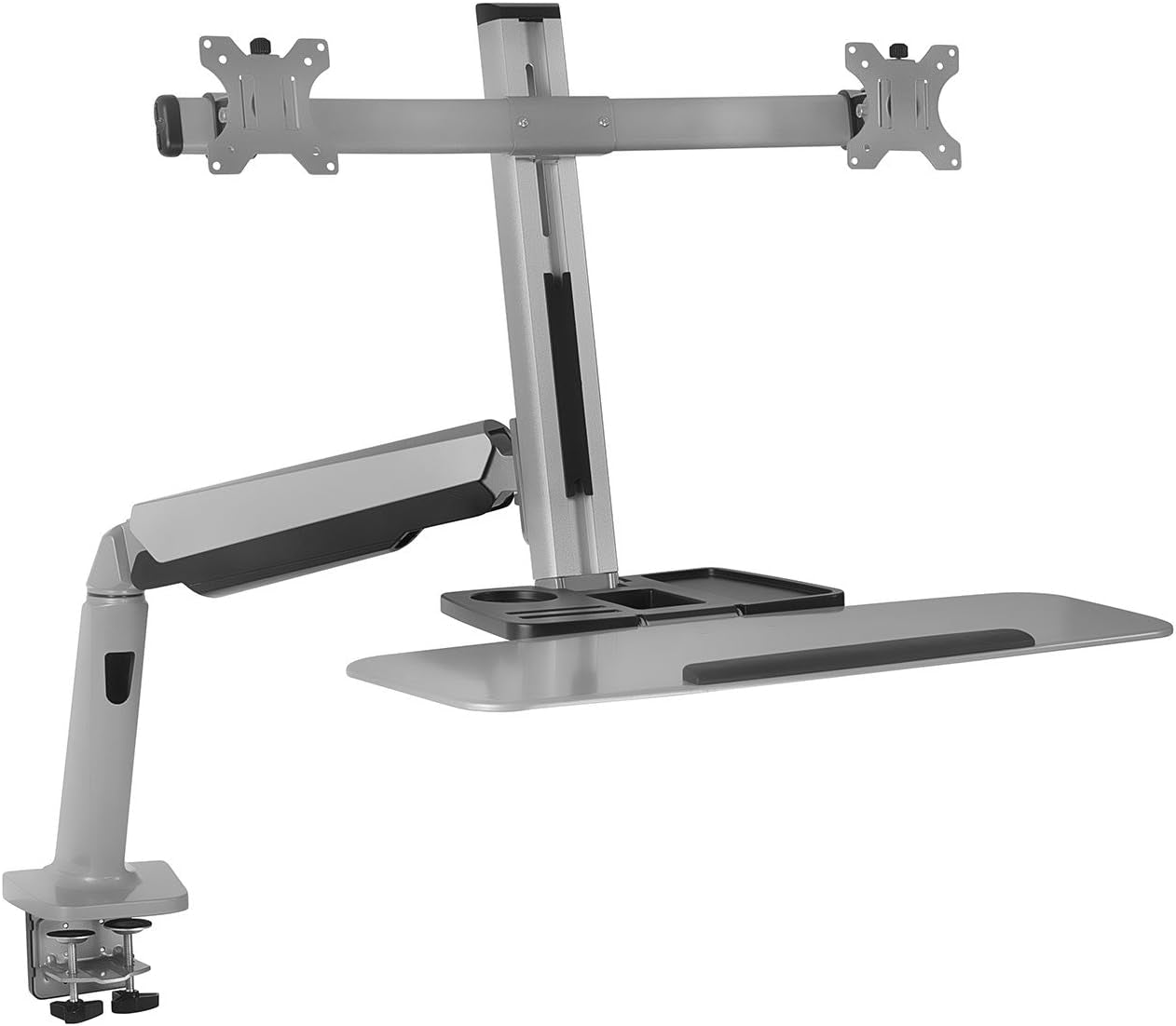 Dual Monitor Arm Desk Mount Sit-Stand Workstation, Standing Desk Converter with Keyboard Tray & Storage, Fits Two 20–27” Screens, 13.2 Lbs Each, VESA 75X75 100X100, Clamp Base