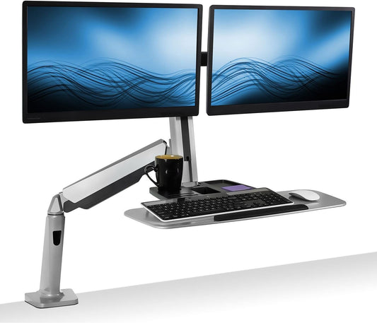 Dual Monitor Arm Desk Mount Sit-Stand Workstation, Standing Desk Converter with Keyboard Tray & Storage, Fits Two 20–27” Screens, 13.2 Lbs Each, VESA 75X75 100X100, Clamp Base