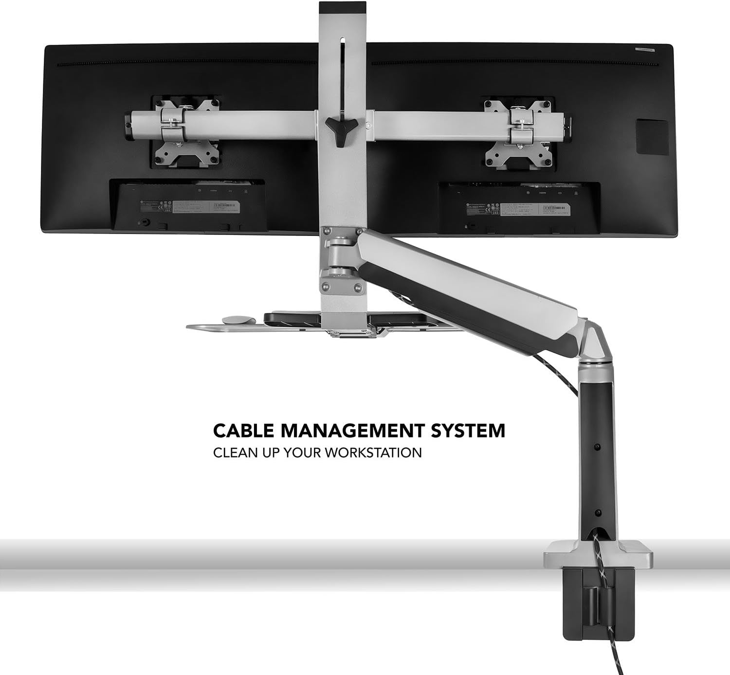 Dual Monitor Arm Desk Mount Sit-Stand Workstation, Standing Desk Converter with Keyboard Tray & Storage, Fits Two 20–27” Screens, 13.2 Lbs Each, VESA 75X75 100X100, Clamp Base