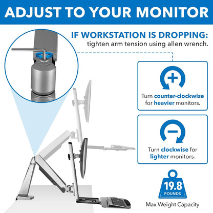 Dual Monitor Arm Desk Mount Sit-Stand Workstation, Standing Desk Converter with Keyboard Tray & Storage, Fits Two 20–27” Screens, 13.2 Lbs Each, VESA 75X75 100X100, Clamp Base